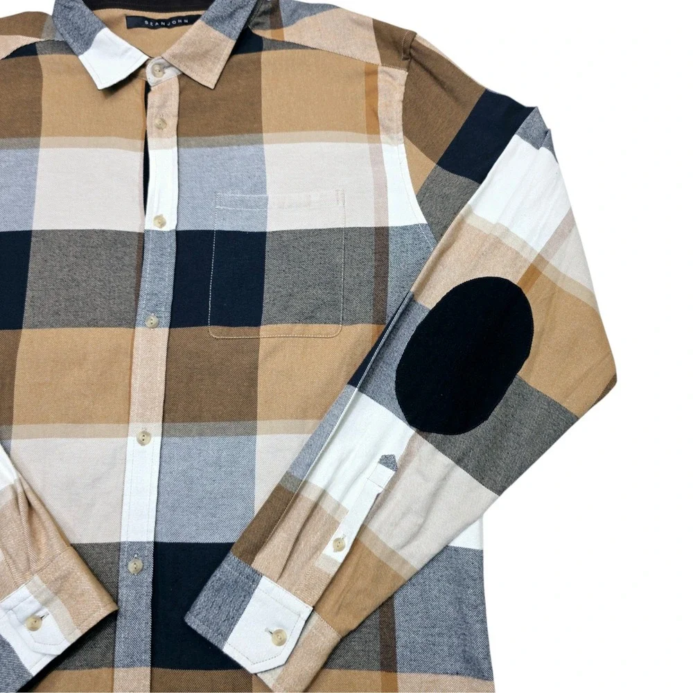 Sean John Mens 3XL Plaid Button Down Shirt Tan Black Elbow Patches Cotton